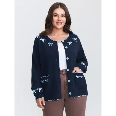 Bloomchic Women's Plus Size Bow Pattern Jacquard Button Knit Cardigan Midnight Long Sleeve 22-24/3x In Blue