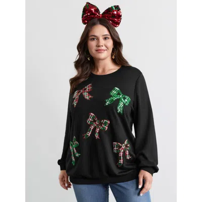 Bloomchic Women's Plus Size Bow Sequin Embroidery Sweathshirt Black Graphic-christmas Casual Round Neck 18-20/