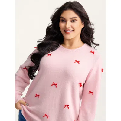 Bloomchic Women's Plus Size Bowknot Detail Ribbed Hem Pullover Lightpink Short Sleeve 10/m