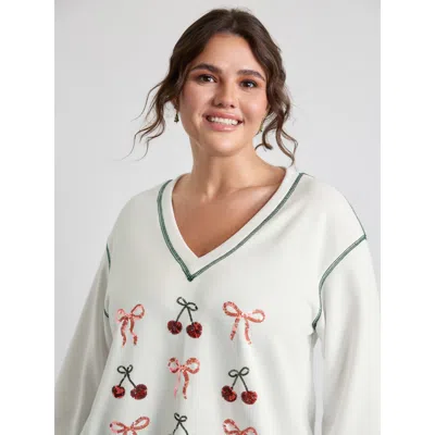 Bloomchic Women's Plus Size Bowknot Embroidery Relaxed-fit Sweatshirt Originalwhite Casual 10/m
