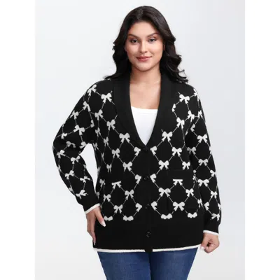 Bloomchic Women's Plus Size Bowknot Jacquard Button Knit Cardigan Black Long Sleeve 10/m