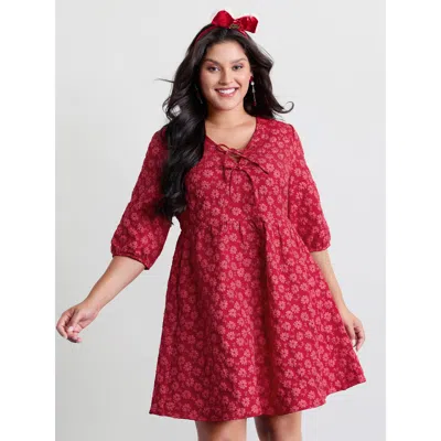 Bloomchic Women's Plus Size Bowknot Jacquard Stretchy Waist Knee-length Dress Crimson Synthetic Texture Mini E In Red