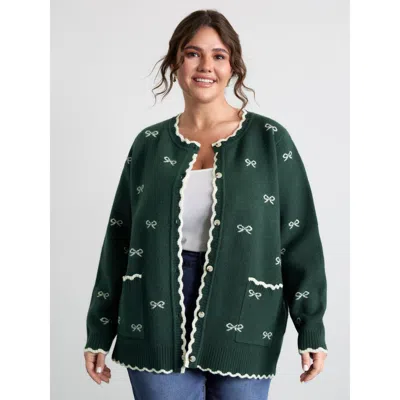 Bloomchic Women's Plus Size Bowknot Jacquard Wavy Edge Knit Cardigan Darkslategray Long Sleeve Round Neck 12/l