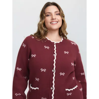 Bloomchic Women's Plus Size Bowknot Jacquard Wavy Edge Knit Cardigan Scarlet Long Sleeve Round Neck 12/l In Red