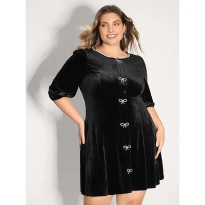 Bloomchic Women's Plus Size Bowknot Metallic Detail Knee-length Dress Black Solid Mini Party Rhinestone Detail