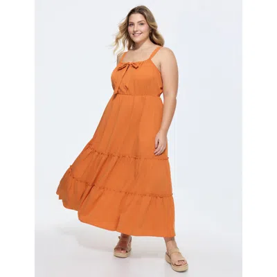 Bloomchic Women's Plus Size Bowknot Neckline Bust-friendly Tiered Flowy Maxi Dress Coral Solid Maxi Vacation B In Orange