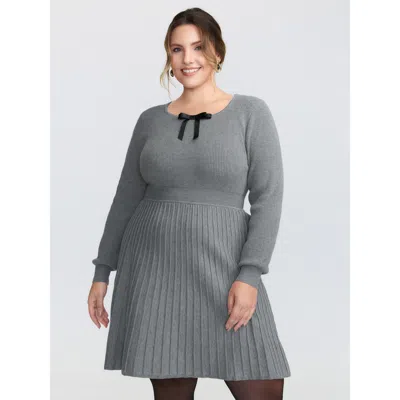 Bloomchic Women's Plus Size Bowknot Neckline Cinched-waist A-line Sweater Dress Darkgray Non Short Pleated 10/ In Gray