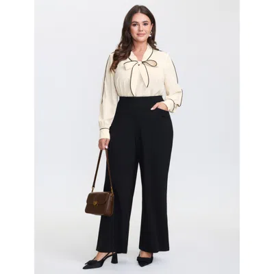 Bloomchic Women's Plus Size Bowknot Neckline Color Contrast Blouse Apricot Solid Elegant Long Sleeve Tie-neck  In Orange