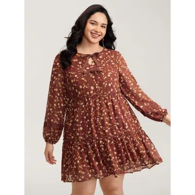 Bloomchic Women's Plus Size Bowknot Neckline Lace Trim Knee-length Dress Rust Ditsy Floral Short Elegant Woven In Brown