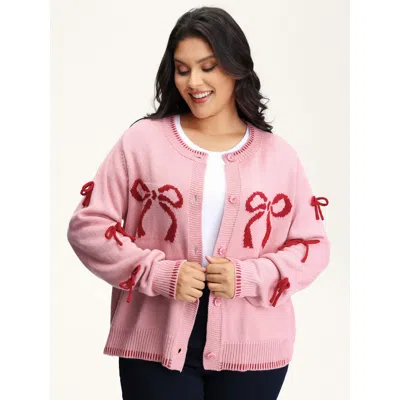 Bloomchic Women's Plus Size Bowknot Pattern Textured Knit Cardigan Crepe Long Sleeve 10/m
