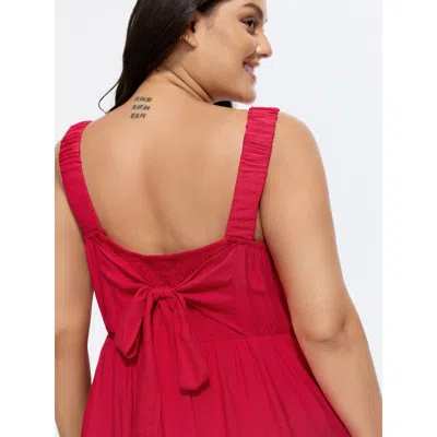 Bloomchic Women's Plus Size Bowknot Shirred Waist-defining Plain Mini Dress Crimson Solid Midi Casual Lace-up  In Red