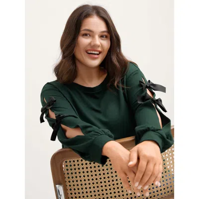 Bloomchic Women's Plus Size Bow-knot Sleeve Cut-out Sweatshirt Darkgreen Not Graphics Casual Round Neck 12/l In Green