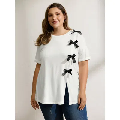 Bloomchic Women's Plus Size Bowknot Slit Round Neck T-shirt Whitesmoke Non Casual Half Sleeve 10/m