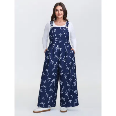 Bloomchic Women's Plus Size Bow-tie Print Adjustable Overall Straps Jumpsuit Indigo Casual 12/l In Purple