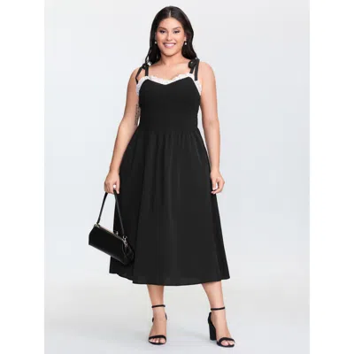 Bloomchic Women's Plus Size Bow-tie Straps Flowy Maxi Dress Black Synthetic Texture Maxi Elegant Woven Ribbon&