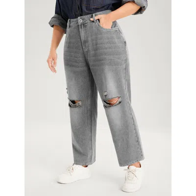 Bloomchic Women's Plus Size Boyfriend Wide Leg Non Stretchy High Rise Medium Wash Jeans Lightgray Plain No Str In Gray