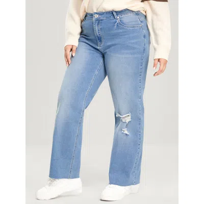Bloomchic Women's Plus Size Boyfriend Wide Leg Slightly Stretchy High Rise Light Wash Jeans Lightblue Plain Lo In Blue