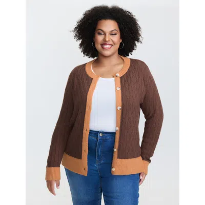 Bloomchic Women's Plus Size Braided Color Contrast Button Knit Cardigan Browncoffeecolor Long Sleeve Round Nec