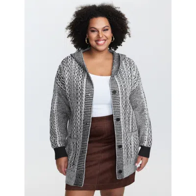 Bloomchic Women's Plus Size Braided Texture Button Stretchy Pockets Knit Cardigan Mediumgray Long Sleeve Hoode