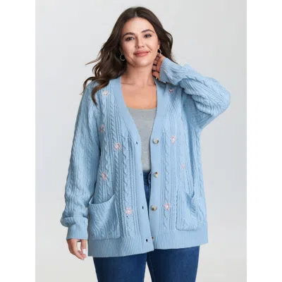 Bloomchic Women's Plus Size Braided Texture Floral Embroidery Knit Cardigan Lightblue Long Sleeve Deep V-neck  In Blue