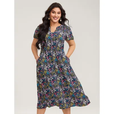 Bloomchic Women's Plus Size Branch Chrysanthemum Shirred Midi Dress Indigo Ditsy Floral Midi Elegant Shirred 2 In Purple