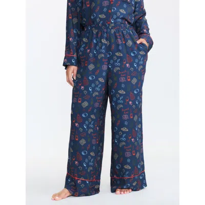 Bloomchic Women's Plus Size Breakfast Print Elastic Waist Pocket Pajama Bottoms Indigo Fruit And Vegetable Pri In Purple
