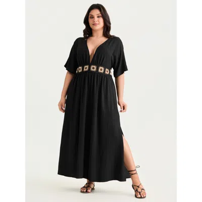 Bloomchic Women's Plus Size Breathable Boho Embroidered Waistband Maxi Dress Pureblack Solid Maxi Vacation Smo