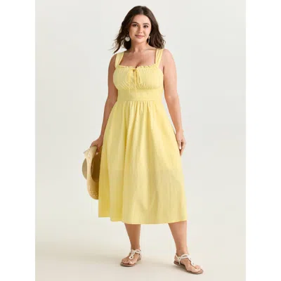 Bloomchic Women's Plus Size Breathable Cotton Solid Shirred Drawstring Midi Dress Lightyellow Solid Midi Vacat