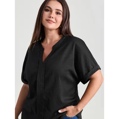 Bloomchic Women's Plus Size Breathable Feel Textured Blouse Pureblack Non Office Short Sleeve 10/m