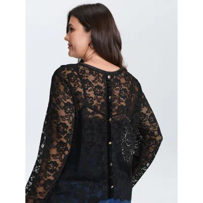 Bloomchic Women's Plus Size Breathable Lace Button Back Sheer Blouse Black Else Elegant Long Sleeve Round Neck