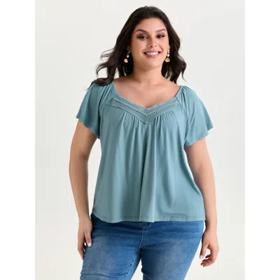 Bloomchic Women's Plus Size Breathable Lace Neckline Relaxed-fit Top Cerulean Short Sleeve Vacation Sweetheart In Blue