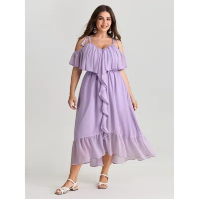 Bloomchic Women's Plus Size Breathable Lace Trim Ruffled Maxi Dress Lilac Midi Vacation Lace-up 10/m In Purple