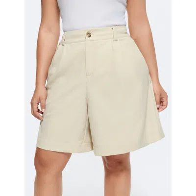 Bloomchic Women's Plus Size Breathable Linen Blend Flap Back Pockets Shorts Apricot Casual Wide Leg Non Shorts In Orange