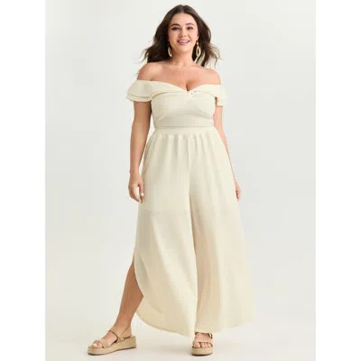 Bloomchic Women's Plus Size Breathable Textured Sheer Flowy Pants Ivory Barrel Mid Rise Vacation 10/m In White