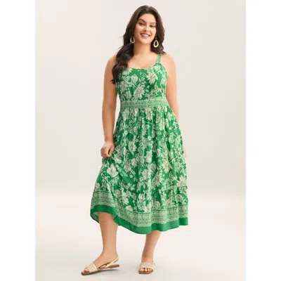 Bloomchic Women's Plus Size Breezy Floral Print Adjustable Straps Midi Dress Emerald Ditsy Floral Midi Vacatio In Green