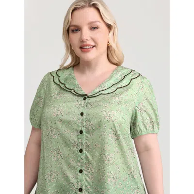 Bloomchic Women's Plus Size Breezy Floral Print Embroidered Neckline Blouse Greenbean Ditsy Floral Elegant Sho