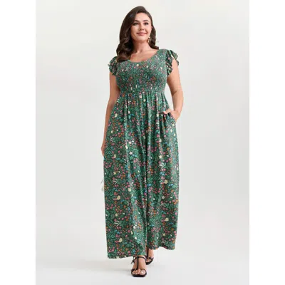 Bloomchic Women's Plus Size Breezy Floral Print Flutter Sleeve Jumpsuit Emerald Elegant 10/m In Green