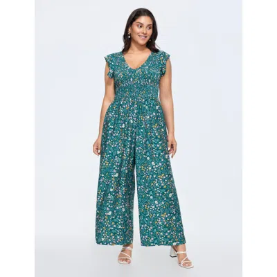 Bloomchic Women's Plus Size Breezy Floral Print Flutter Sleeve Jumpsuit Mediumblue Elegant 22-24/3x