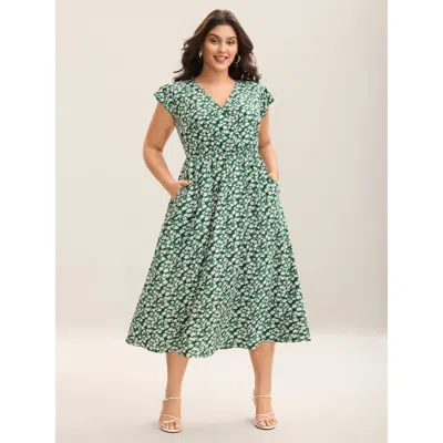 Bloomchic Women's Plus Size Breezy Floral Print Flutter Sleeve Midi Dress Truegreen Ditsy Floral Midi Elegant 