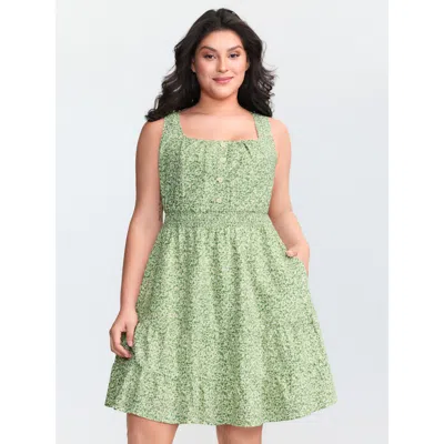Bloomchic Women's Plus Size Breezy Floral Print Ruffled Hem Mini Dress Greenbean Ditsy Floral Short Casual But