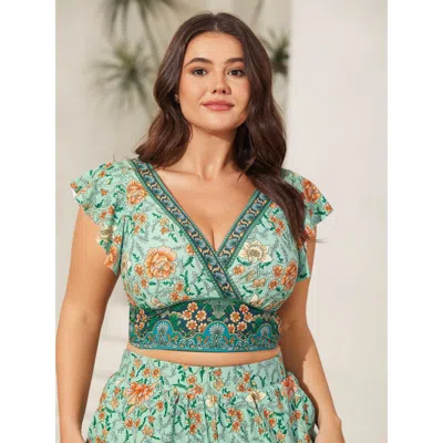 Bloomchic Women's Plus Size Breezy Floral Print Ruffled Swim Top Mint Floral Sleeveless Non 12/l In Green