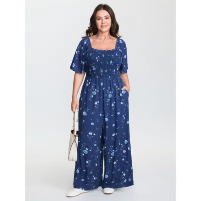 Bloomchic Women's Plus Size Breezy Floral Print Shirred Bodice Jumpsuit Darkblue Casual Skinny 26/4x In Blue