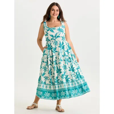 Bloomchic Women's Plus Size Breezy Floral Print Sleeveless Maxi Dress Cerulean Tropical Midi Vacation 28/5x In Blue