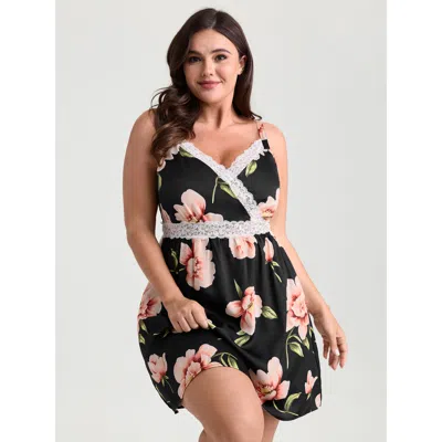 Bloomchic Women's Plus Size Breezy Floral Print Surplice Lace Neckline Nightgown Black Sleeveless Short 12/l