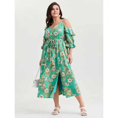 Bloomchic Women's Plus Size Breezy Floral Ruffled Hem Midi Dress Turquoise Floral Midi Elegant Overlapping 22- In Blue