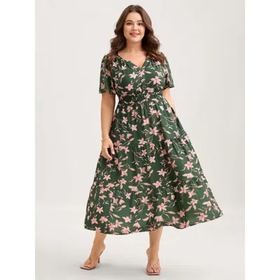 Bloomchic Women's Plus Size Breezy Floral Shirred Waist Midi Dress Darkgreen Floral Midi Elegant 30/6x In Green