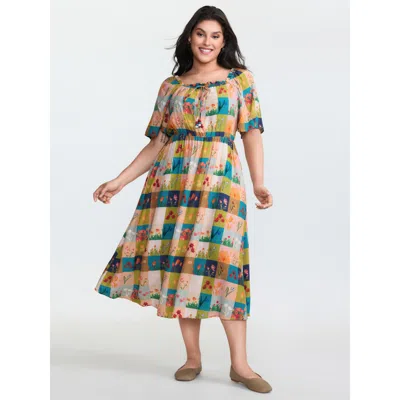 Bloomchic Women's Plus Size Breezy Garden Collage Stretchy Neckline Midi Dress Multicolor Floral Midi Casual T