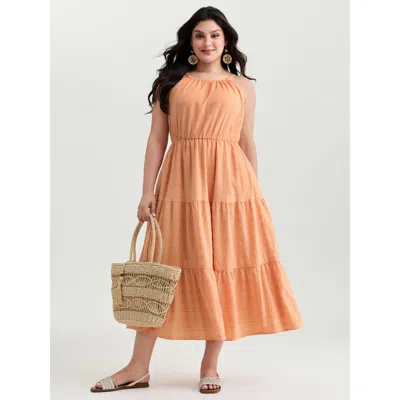 Bloomchic Women's Plus Size Breezy Halter-neckline Tiered Midi Dress Coral Synthetic Texture Midi Vacation Tie In Orange