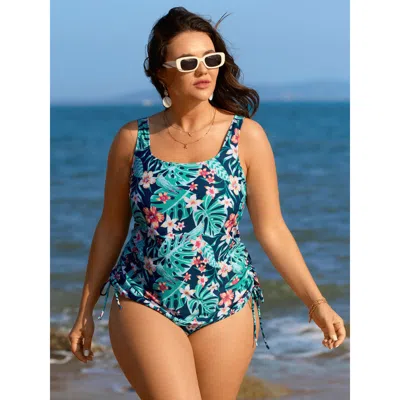 Bloomchic Women's Plus Size Breezy Tropical Print Drawstring Swim Top Multicolor Tropical Sleeveless Ruched Bu