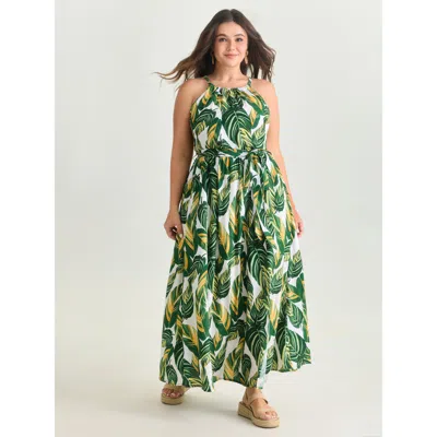 Bloomchic Women's Plus Size Breezy Tropical Print Halter Neckline Maxi Dress Moss Leaf Maxi Vacation Lace-up 1 In Green
